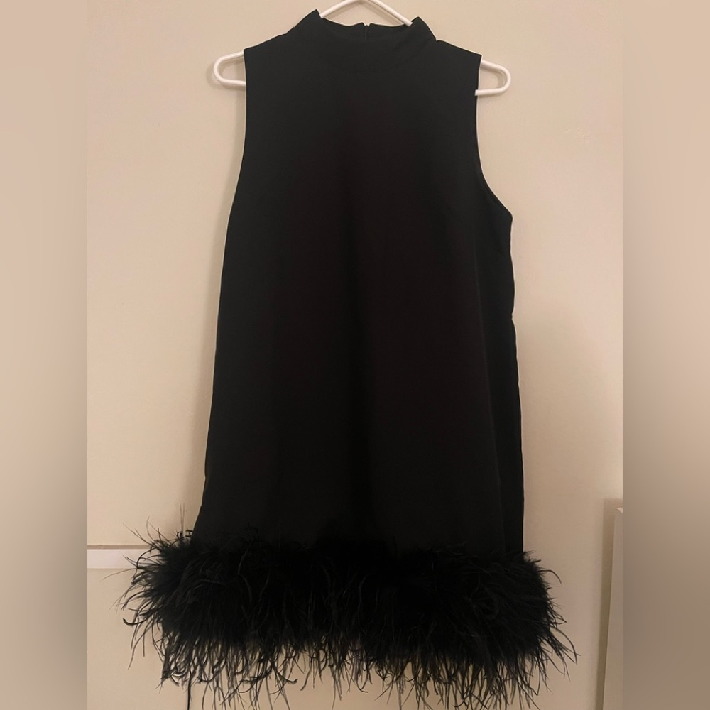 Feather Trim Black Dress